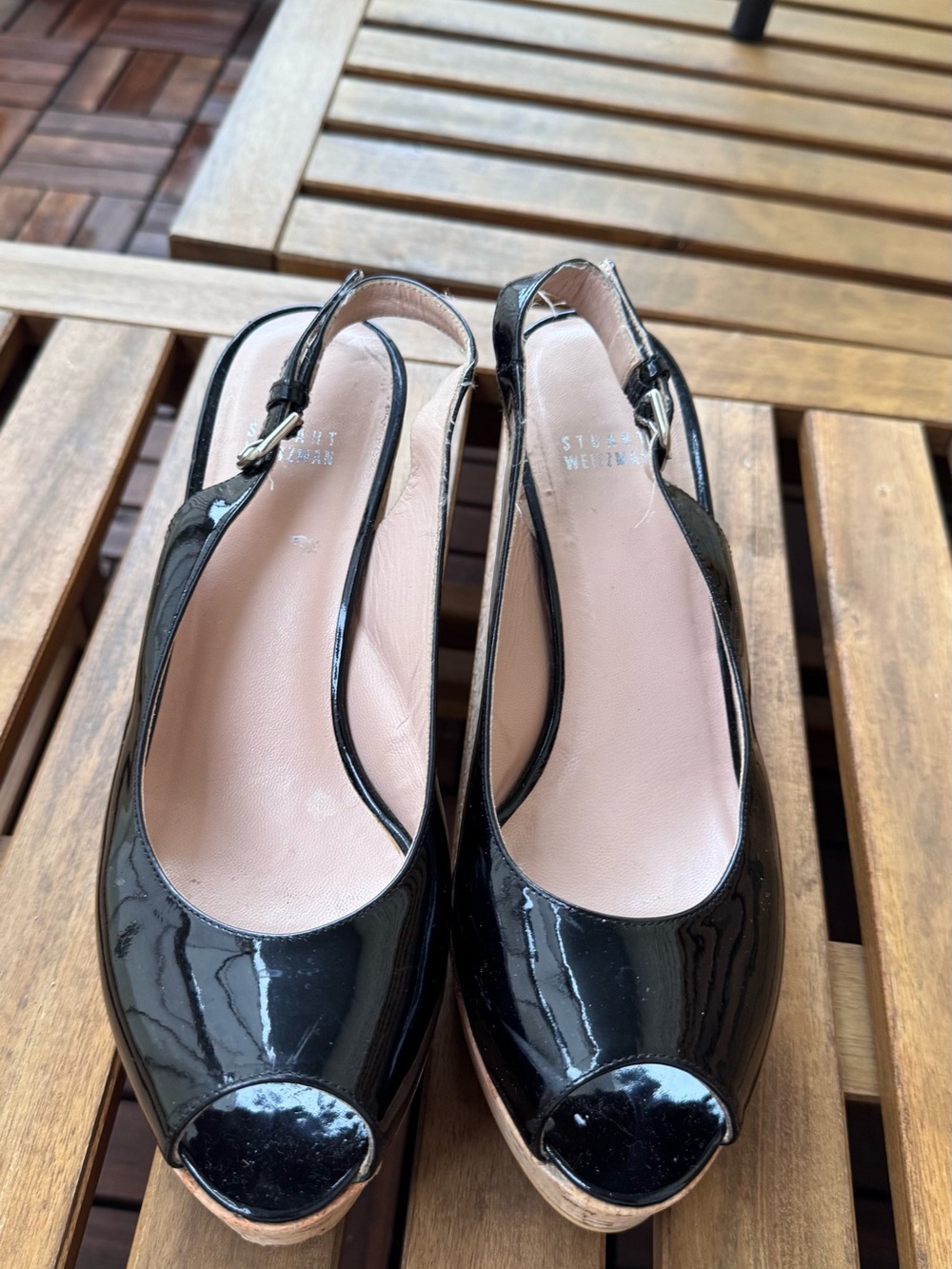 Stuart Weitzman Black Patent Peep-Toe Slingback Wedges